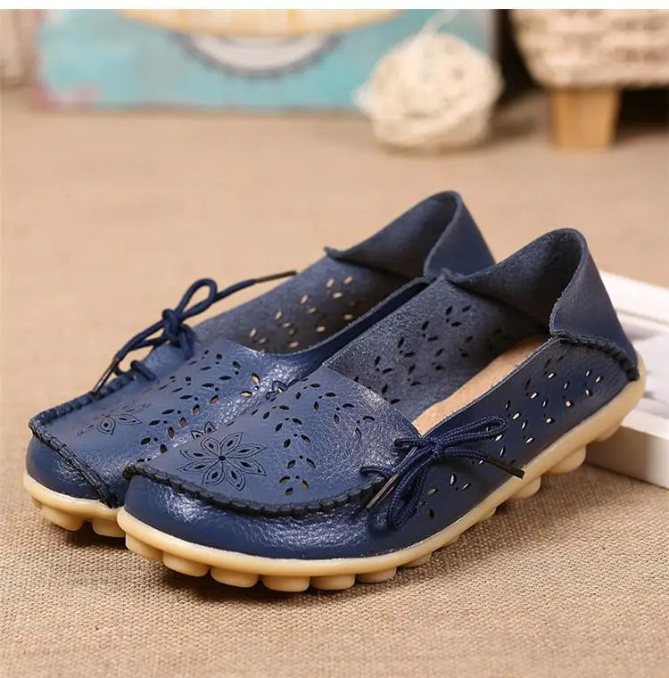 Sapatilhas Casuais Femininas Couro Legítimo | Flats Elegantes com Laço