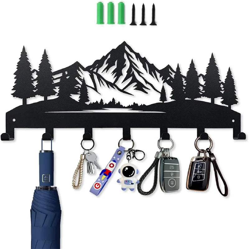 Beautiful mountain forest shape metal key holder wall hooks organizer door entryway hallway kitchen wall decor rack hook