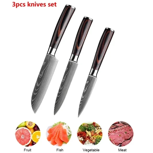 Kit 3 Facas de Cozinha Aço Inoxidável Damascus – Santoku, Chef e Utilitária