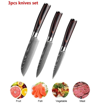 Kit 3 Facas de Cozinha Aço Inoxidável Damascus – Santoku, Chef e Utilitária