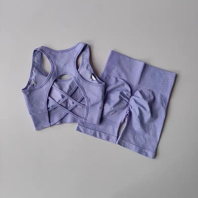 Conjunto Fitness Feminino 2 Peças – Top Sem Costura e Shorts Cintura Alta para Treino e Yoga
