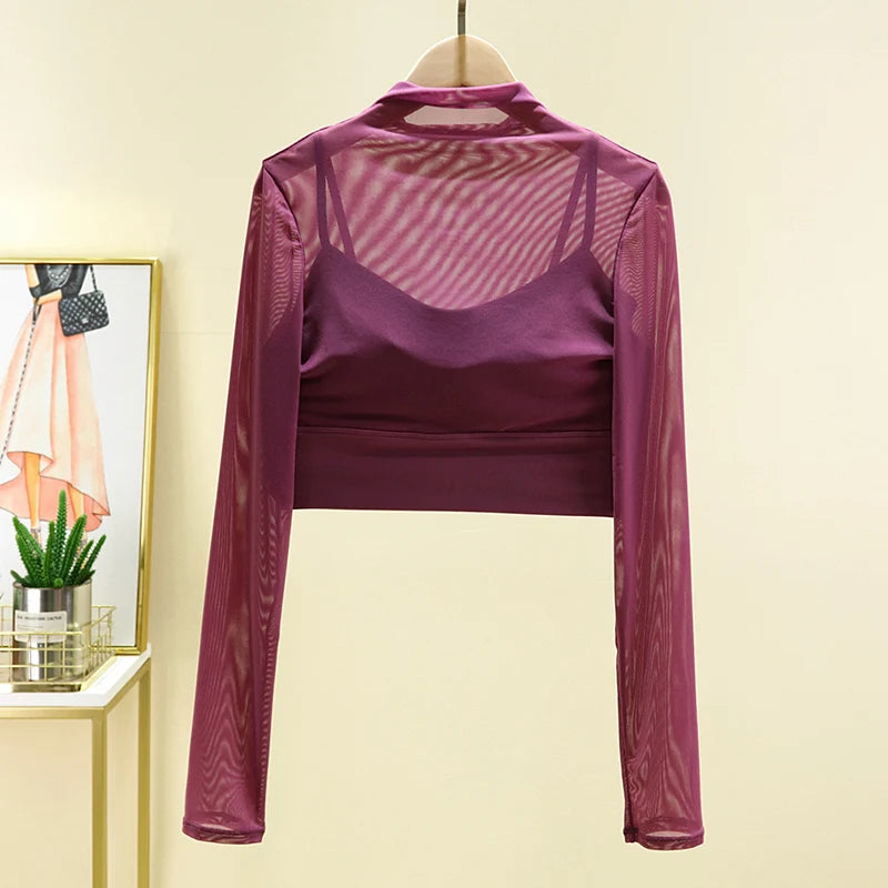 Top Fitness Feminino Manga Longa – Camiseta de Yoga Slim com Suporte e Detalhe em Mesh