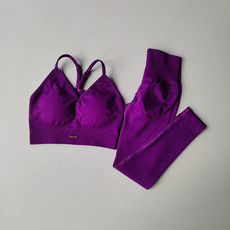 Conjunto Fitness Feminino 2 Peças Sem Costura – Top e Legging Secagem Rápida e Levanta Bumbum