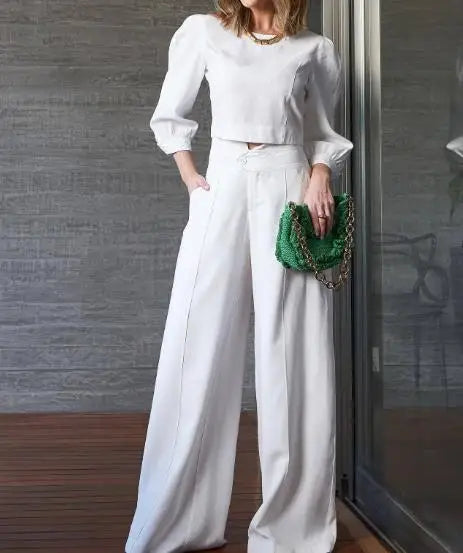 Conjunto Feminino Casual Chic | Look Elegante com Calça Wide Leg e Top Leve