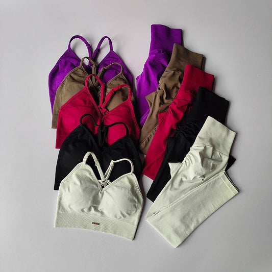 Conjunto Fitness Feminino 2 Peças Sem Costura – Top e Legging Secagem Rápida e Levanta Bumbum