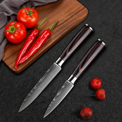 Kit 3 Facas de Cozinha Aço Inoxidável Damascus – Santoku, Chef e Utilitária