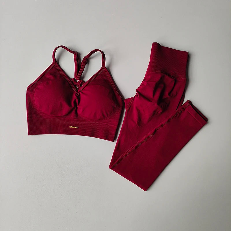 Conjunto Fitness Feminino 2 Peças Sem Costura – Top e Legging Secagem Rápida e Levanta Bumbum
