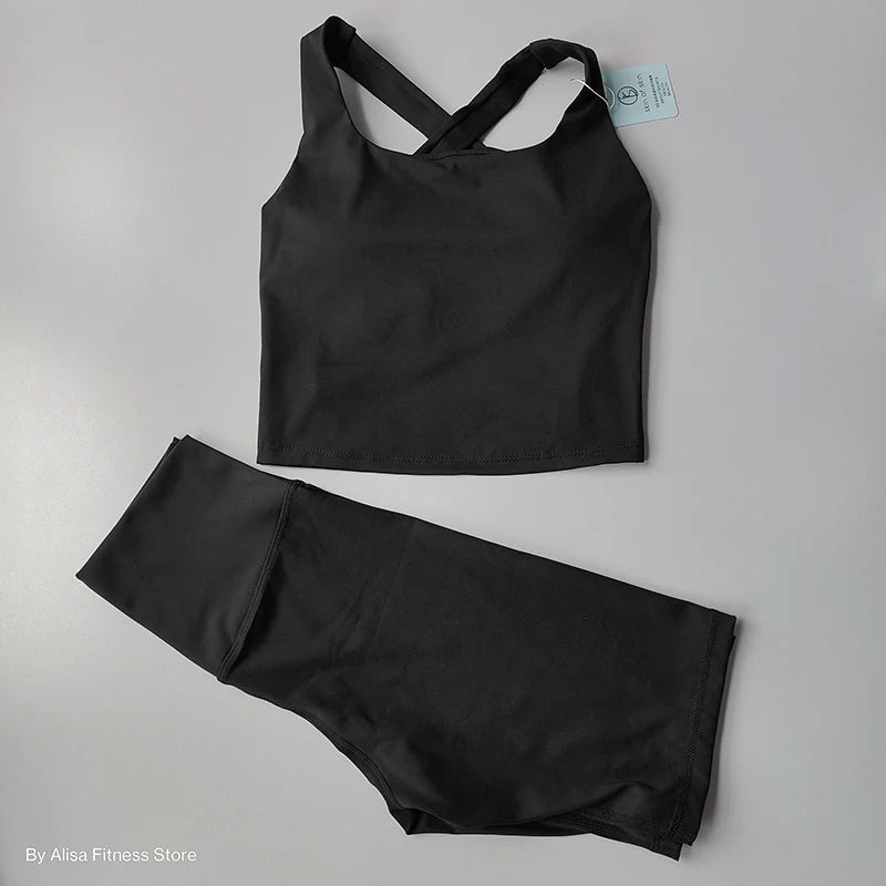 Conjunto Fitness Feminino 2 Peças – Top Cropped Manga Longa e Shorts Cintura Alta para Treino