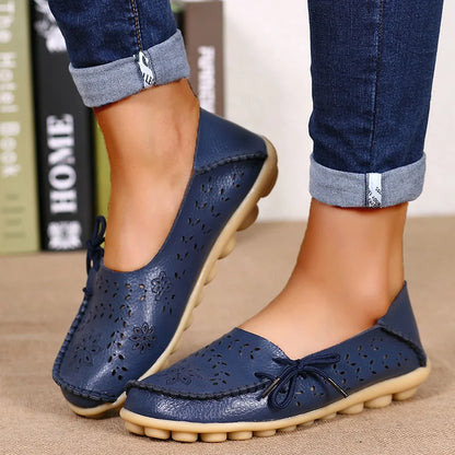 Sapatilhas Casuais Femininas Couro Legítimo | Flats Elegantes com Laço