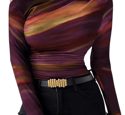 Blusa Feminina Tie Dye Manga Longa com Babado Assimétrico | Estilo Doce e Ousado