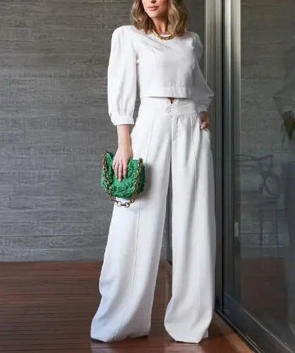Conjunto Feminino Casual Chic | Look Elegante com Calça Wide Leg e Top Leve