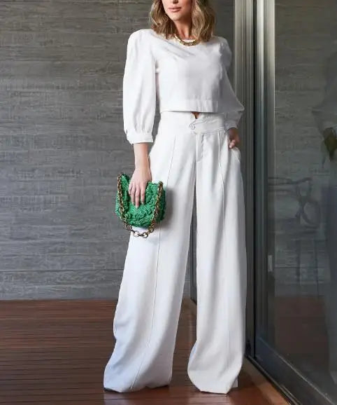 Conjunto Feminino Casual Chic | Look Elegante com Calça Wide Leg e Top Leve