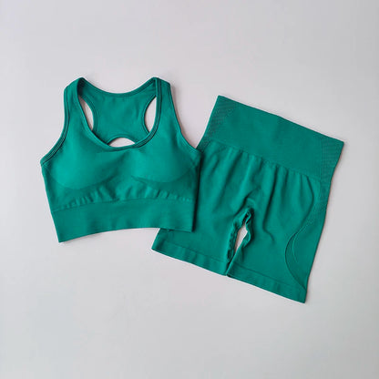 Conjunto Fitness Feminino 2 Peças – Top Sem Costura e Shorts Cintura Alta para Treino e Yoga