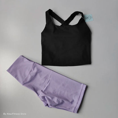 Conjunto Fitness Feminino 2 Peças – Top Cropped Manga Longa e Shorts Cintura Alta para Treino