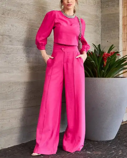 Conjunto Feminino Casual Chic | Look Elegante com Calça Wide Leg e Top Leve