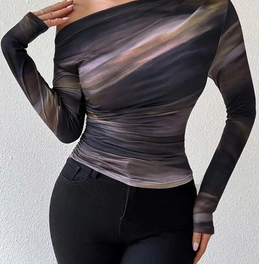 Blusa Feminina Tie Dye Manga Longa com Babado Assimétrico | Estilo Doce e Ousado