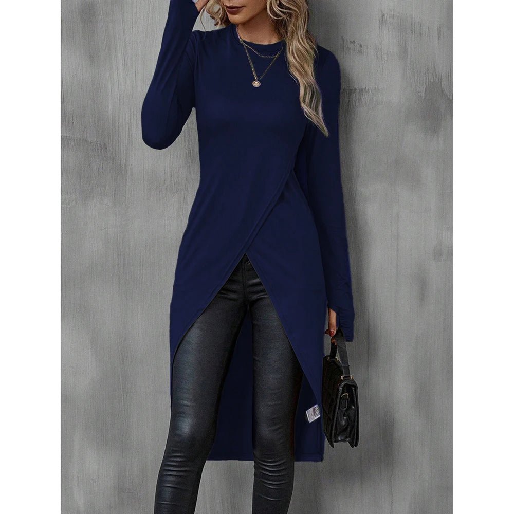 Camiseta Longa Feminina de Outono | Gola Redonda e Estilo High Street