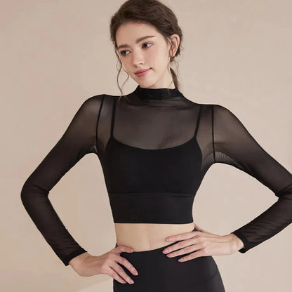 Top Fitness Feminino Manga Longa – Camiseta de Yoga Slim com Suporte e Detalhe em Mesh