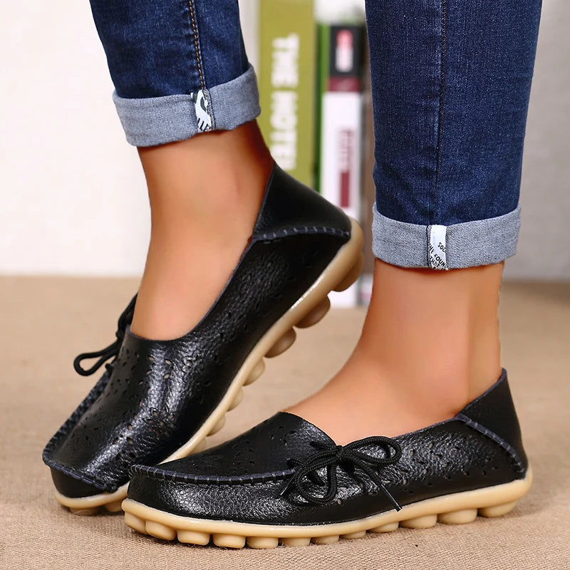 Sapatilhas Casuais Femininas Couro Legítimo | Flats Elegantes com Laço