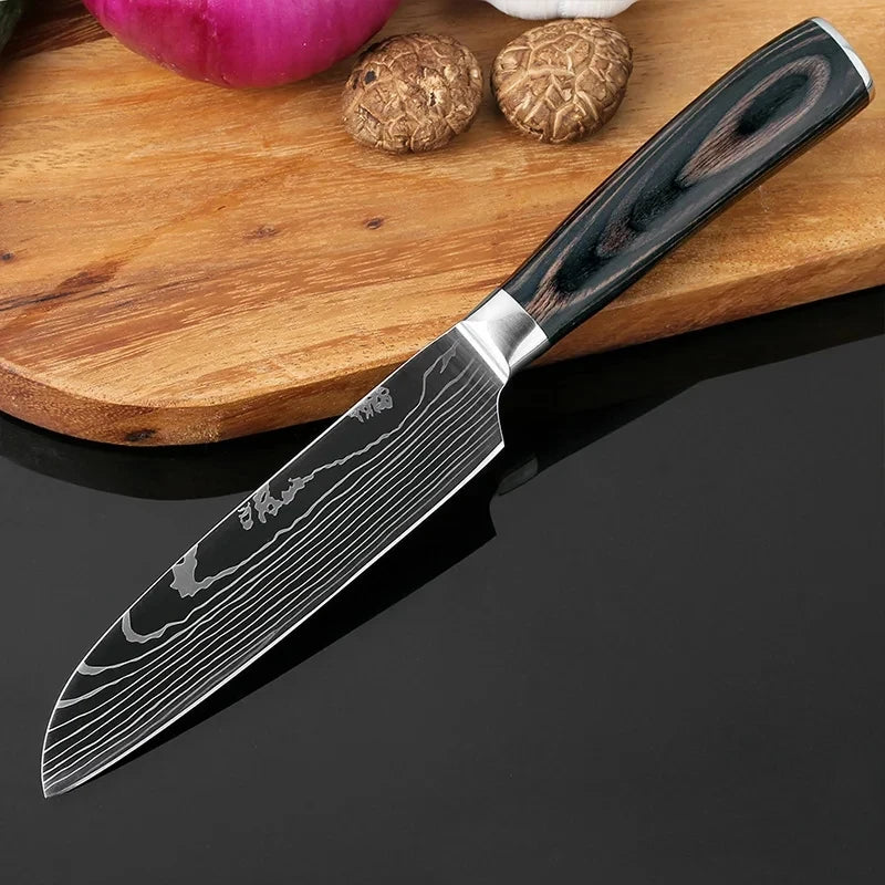 Kit 3 Facas de Cozinha Aço Inoxidável Damascus – Santoku, Chef e Utilitária