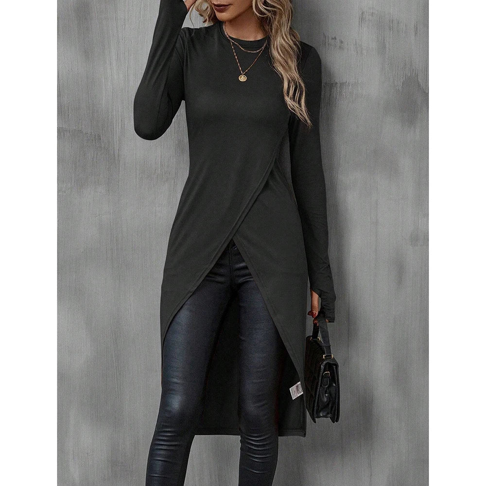 Camiseta Longa Feminina de Outono | Gola Redonda e Estilo High Street