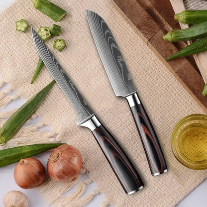 Kit 3 Facas de Cozinha Aço Inoxidável Damascus – Santoku, Chef e Utilitária