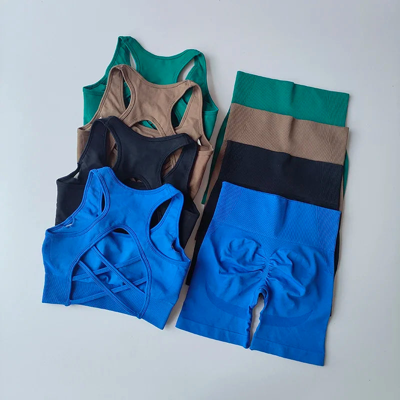 Conjunto Fitness Feminino 2 Peças – Top Sem Costura e Shorts Cintura Alta para Treino e Yoga