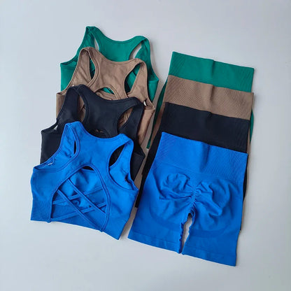 Conjunto Fitness Feminino 2 Peças – Top Sem Costura e Shorts Cintura Alta para Treino e Yoga