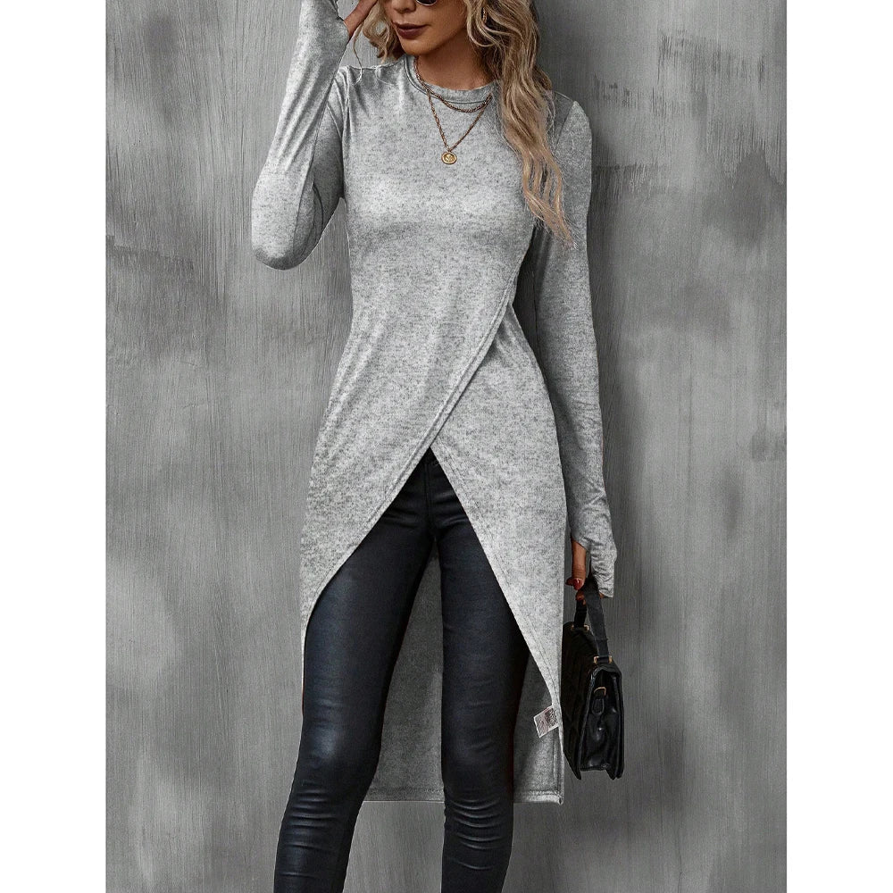 Camiseta Longa Feminina de Outono | Gola Redonda e Estilo High Street