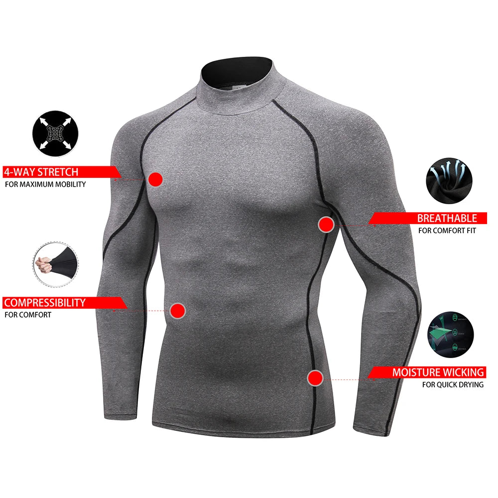 Camiseta Térmica Masculina com Compressão – Gola Alta e Manga Longa para Atividades Físicas