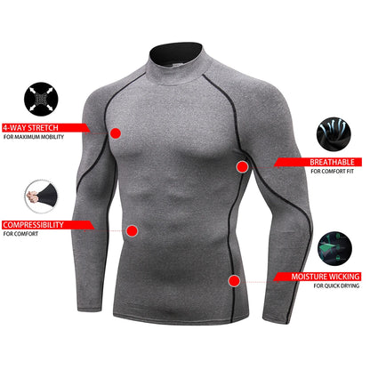 Camiseta Térmica Masculina com Compressão – Gola Alta e Manga Longa para Atividades Físicas