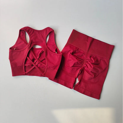 Conjunto Fitness Feminino 2 Peças – Top Sem Costura e Shorts Cintura Alta para Treino e Yoga