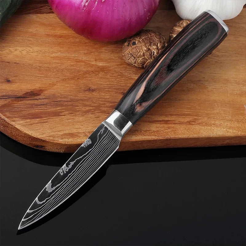 Kit 3 Facas de Cozinha Aço Inoxidável Damascus – Santoku, Chef e Utilitária