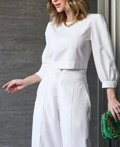 Conjunto Feminino Casual Chic | Look Elegante com Calça Wide Leg e Top Leve