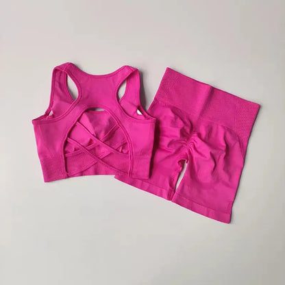 Conjunto Fitness Feminino 2 Peças – Top Sem Costura e Shorts Cintura Alta para Treino e Yoga