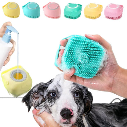 Escova de Banho para Pets em Silicone | Massageadora com Dispenser de Shampoo