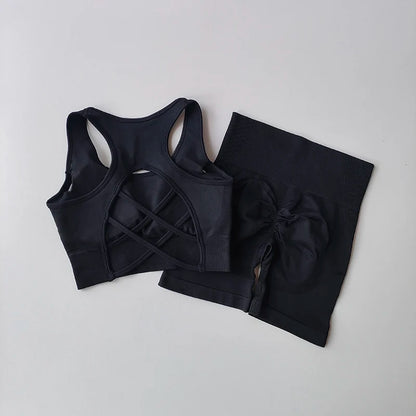 Conjunto Fitness Feminino 2 Peças – Top Sem Costura e Shorts Cintura Alta para Treino e Yoga