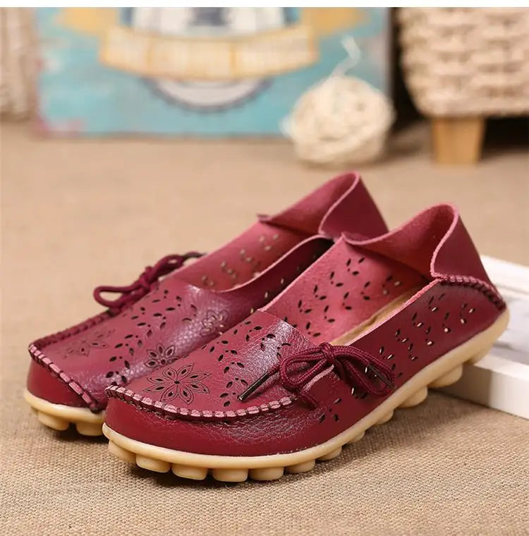 Sapatilhas Casuais Femininas Couro Legítimo | Flats Elegantes com Laço