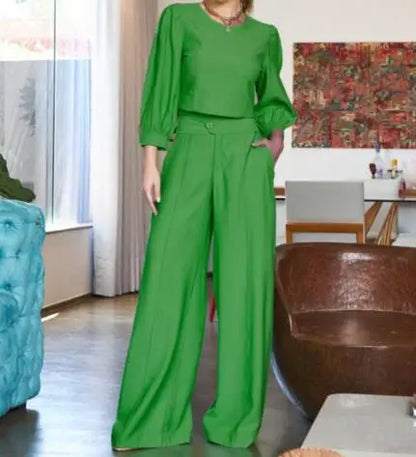Conjunto Feminino Casual Chic | Look Elegante com Calça Wide Leg e Top Leve