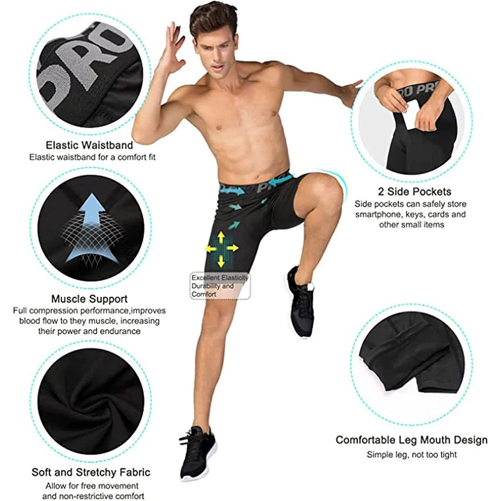 Shorts Masculino Academia com Bolsos + Legging Compressão para Corrida e Basquete