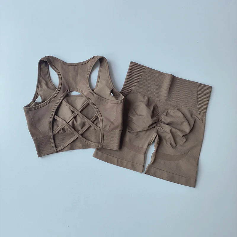 Conjunto Fitness Feminino 2 Peças – Top Sem Costura e Shorts Cintura Alta para Treino e Yoga