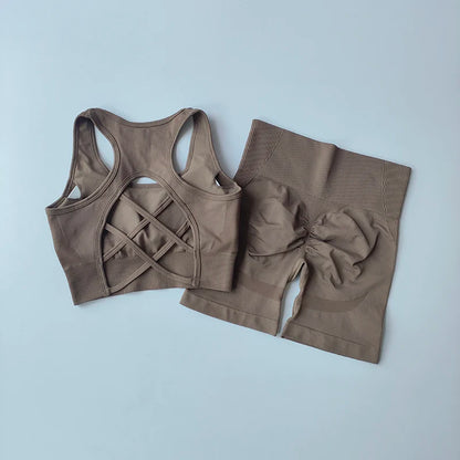 Conjunto Fitness Feminino 2 Peças – Top Sem Costura e Shorts Cintura Alta para Treino e Yoga