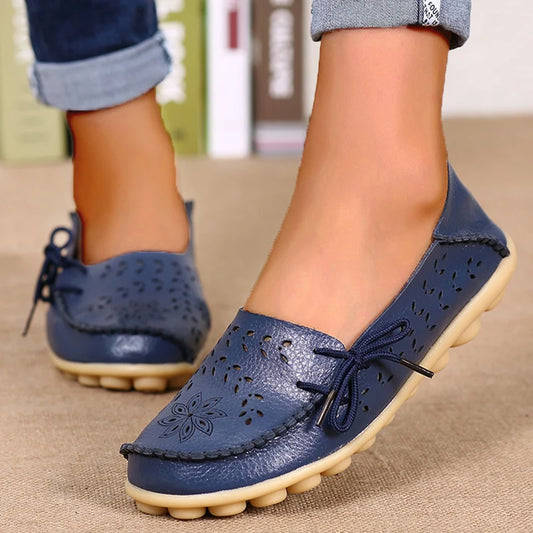 Sapatilhas Casuais Femininas Couro Legítimo | Flats Elegantes com Laço