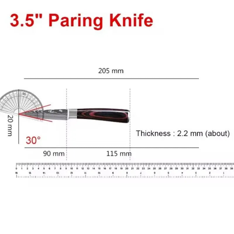 Kit 3 Facas de Cozinha Aço Inoxidável Damascus – Santoku, Chef e Utilitária