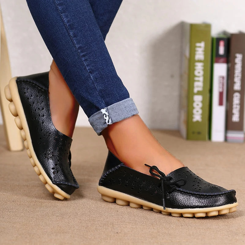 Sapatilhas Casuais Femininas Couro Legítimo | Flats Elegantes com Laço
