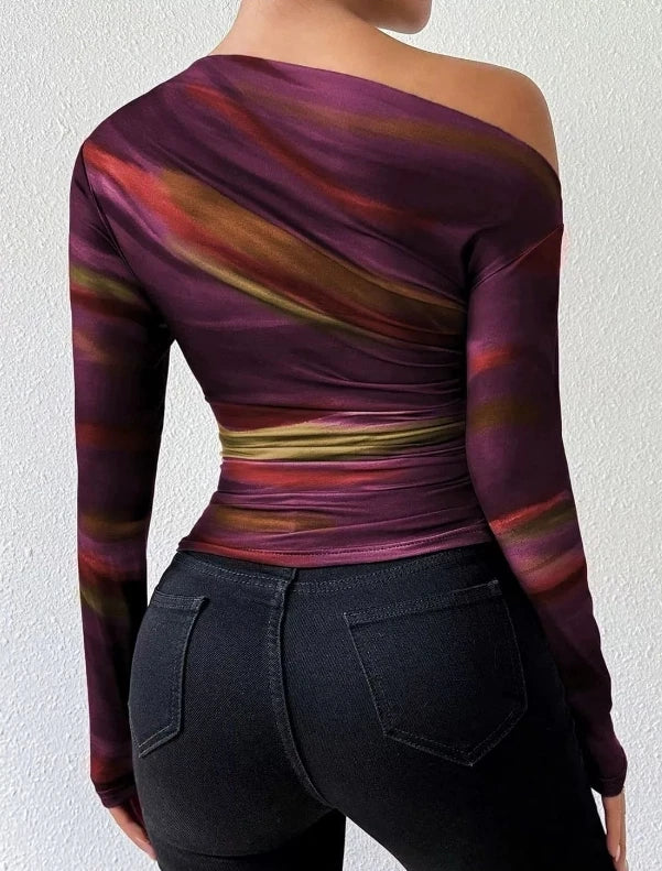 Blusa Feminina Tie Dye Manga Longa com Babado Assimétrico | Estilo Doce e Ousado
