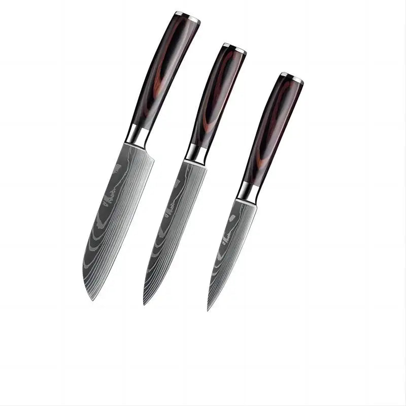 Kit 3 Facas de Cozinha Aço Inoxidável Damascus – Santoku, Chef e Utilitária