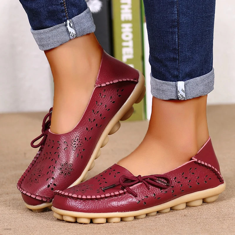 Sapatilhas Casuais Femininas Couro Legítimo | Flats Elegantes com Laço