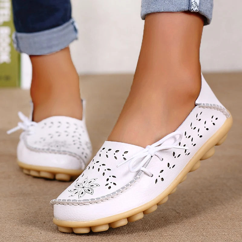 Sapatilhas Casuais Femininas Couro Legítimo | Flats Elegantes com Laço