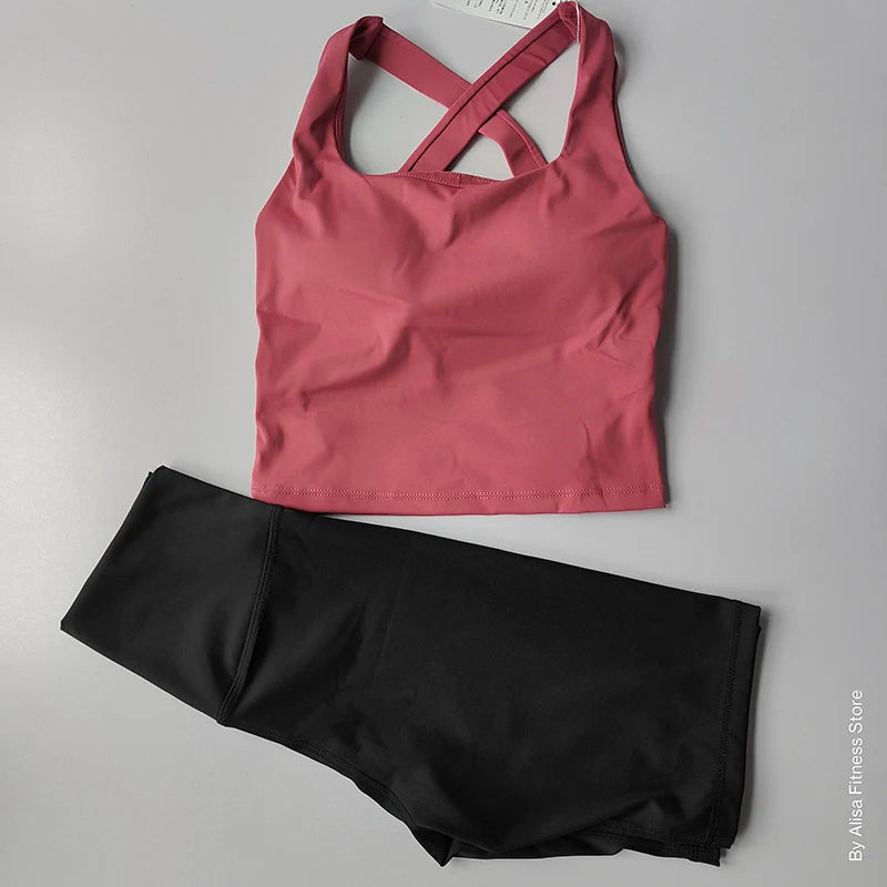 Conjunto Fitness Feminino 2 Peças – Top Cropped Manga Longa e Shorts Cintura Alta para Treino